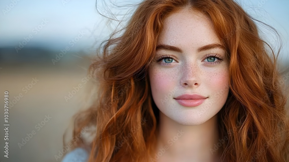 Captivating image of a young woman with flowing red hair standing amidst a scenic windswept field her features beautifully highlighted by the warm golden glow of the setting sun Captivating image of a young woman with flowing red hair standing amidst a scenic windswept field her features beautifully highlighted by the warm golden glow of the setting sun