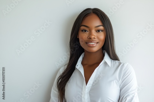 In a studio setting, African American women in white professional attire embody leadership and success, perfect for corporate visuals promoting diversity and inclusion.