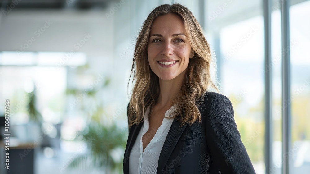 Naklejka premium Business woman standing in a modern office, smiling at the camera.