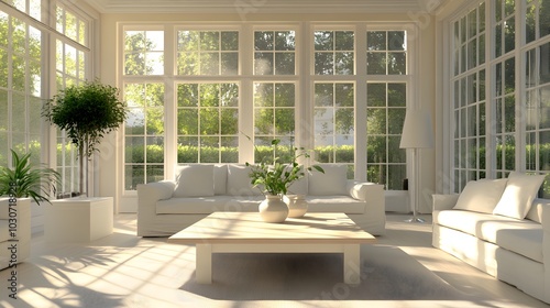 125. A bright, airy sunroom with an empty coffee table