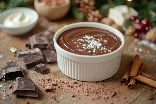 dessert preparation, a rustic kitchen with creamy chocolate pudding, surrounded by cocoa, cream, and holiday vibes