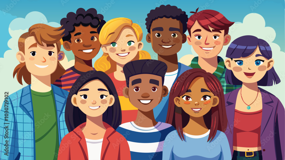 Group of diverse man. Diversity team, different happy friend. Crowd of girl and boy. Cartoon teamwork community portrait. Young smile student character Group of diverse man. Diversity team, different happy friend. Crowd of girl and boy. Cartoon teamwork community portrait. Young smile student character