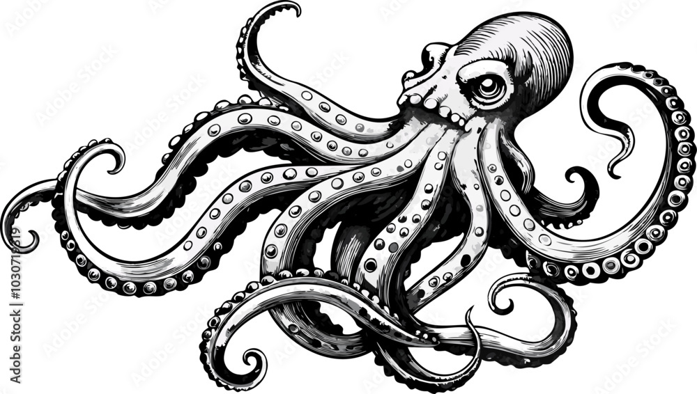 Fototapeta premium Octopus etching vintage drawing. Black drawn aquatic tentacle illustration. Ocean monster engraved sketch. Water animal engraving tattoo art
