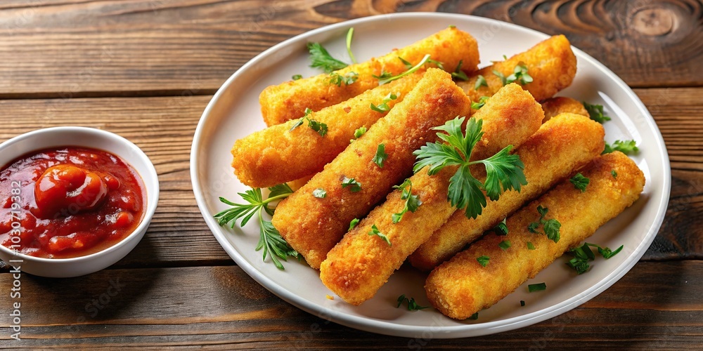 Fried cheese sticks with greens and spicy sauce for festive catering Fried cheese sticks with greens and spicy sauce for festive catering