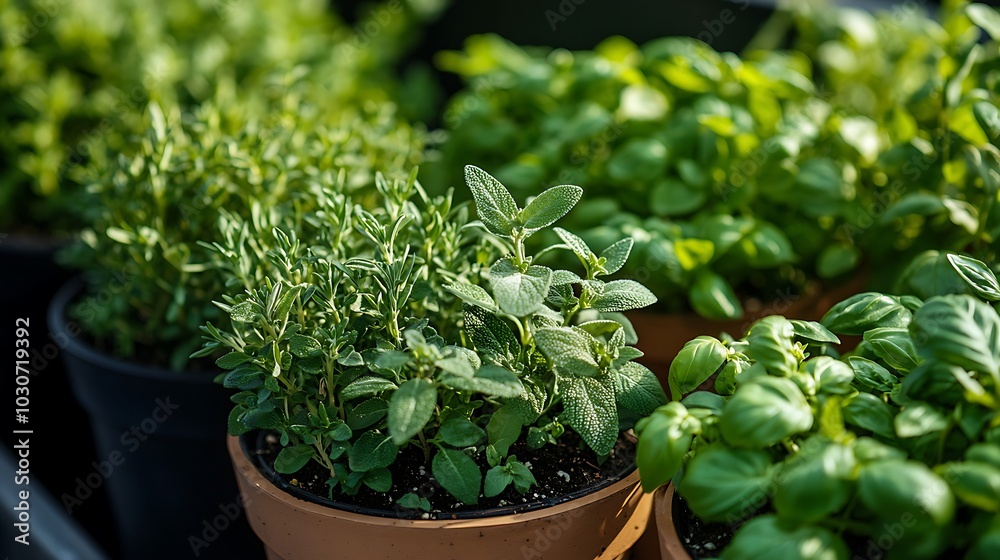 Fresh Herbs Growing in Pots in a Garden Setting