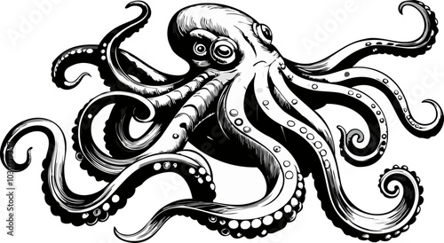 Octopus etching vintage drawing. Water animal engraving tattoo art. Black drawn aquatic tentacle illustration. Ocean monster engraved sketch