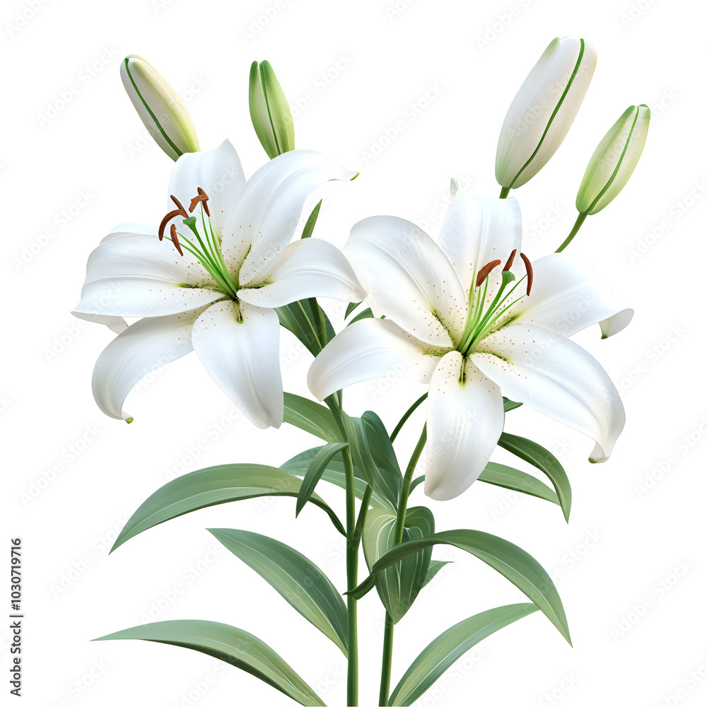 White Lily Flowers with Green Leaves on Black Background White Lily Flowers with Green Leaves on Black Background