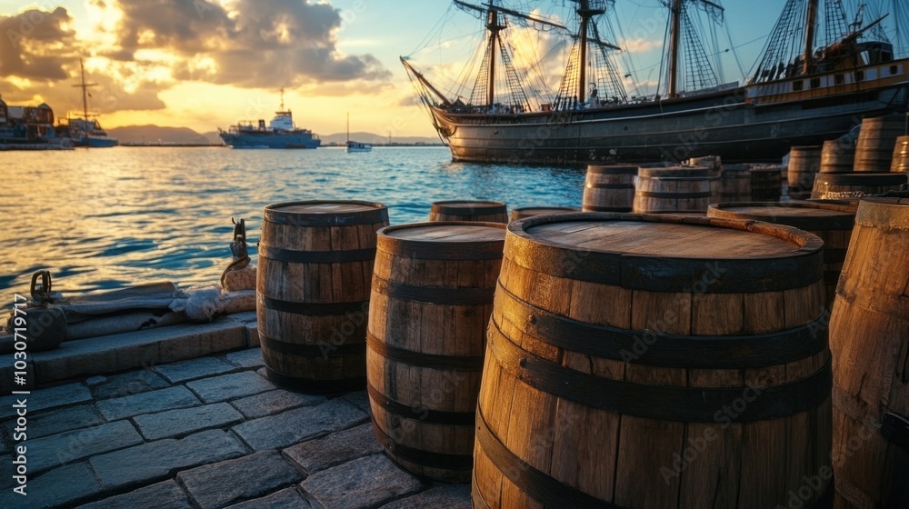Naklejka premium Wooden barrels arranged in perfect rows along a dockside, with the ocean and ships in the background, creating a maritime feel.