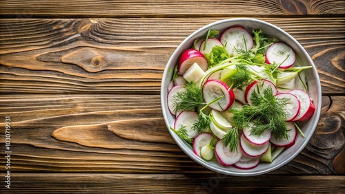 fresh fennel and radish salad in a bowl on a wooden table, symmetrical composition