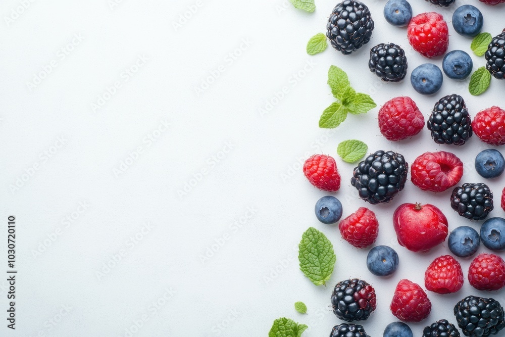 An overhead shot of assorted berries on a blank white surface, with ample blank space for text, ideal for produce advertisements and healthy eating campaigns. An overhead shot of assorted berries on a blank white surface, with ample blank space for text, ideal for produce advertisements and healthy eating campaigns.