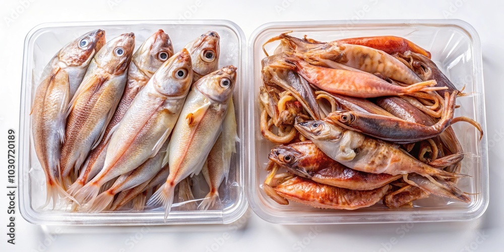 Fresh dried squid and fish in plastic packaging Fresh dried squid and fish in plastic packaging
