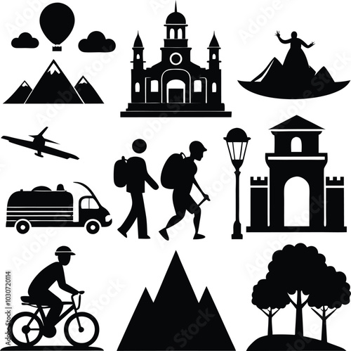 Set of  Silhouette Tourism  travel industry  vector bundle collection.