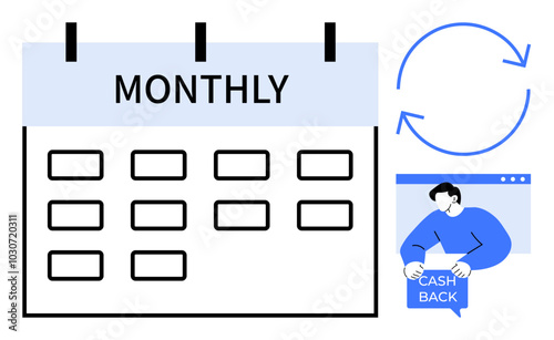 A calendar labeled Monthly, a recurring cycle symbol, and a person receiving cash back. Ideal for financial management, budgeting, savings, loyalty programs, and rewards systems. Flat design style