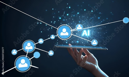 Digital hand holding a tablet with glowing text AI on a dark background, a digital technology concept