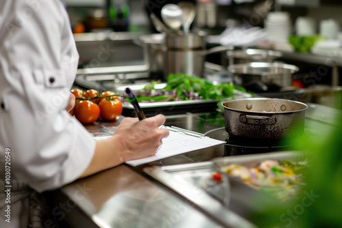 Professional chef writing down a recipe in a busy kitchen while preparing fresh ingredients for a gourmet meal