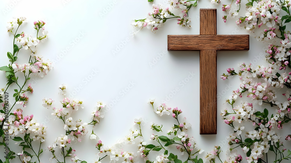 A wooden cross surrounded by delicate pink flowers on a white background. A wooden cross surrounded by delicate pink flowers on a white background.