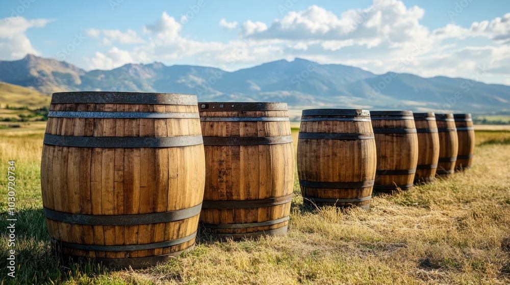 Wooden barrels lined up in an open field with a mountain range in the background, capturing the rustic beauty of the countryside. Wooden barrels lined up in an open field with a mountain range in the background, capturing the rustic beauty of the countryside.