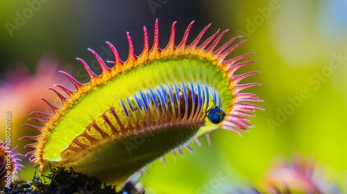 A close-up view of a Venus flytrap plant with its trap open, revealing the red, spiky edges and a small blue insect trapped inside. The background is blurred, with a soft yellow-green hue.