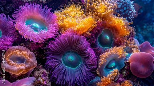 A close-up view of colorful sea anemones on a coral reef.