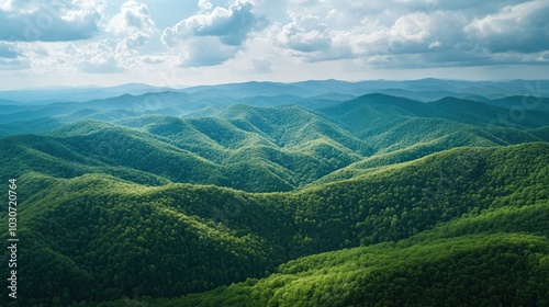 Aerial view of the lush green hills of the Appalachian Mountains, with plenty of space for text