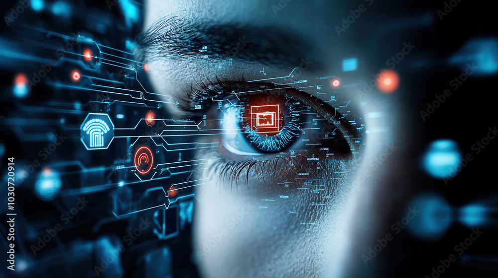 digital eye scan reveals intricate technology and privacy icons, symbolizing intersection of surveillance and personal data security. image evokes sense of modernity and caution digital eye scan reveals intricate technology and privacy icons, symbolizing intersection of surveillance and personal data security. image evokes sense of modernity and caution