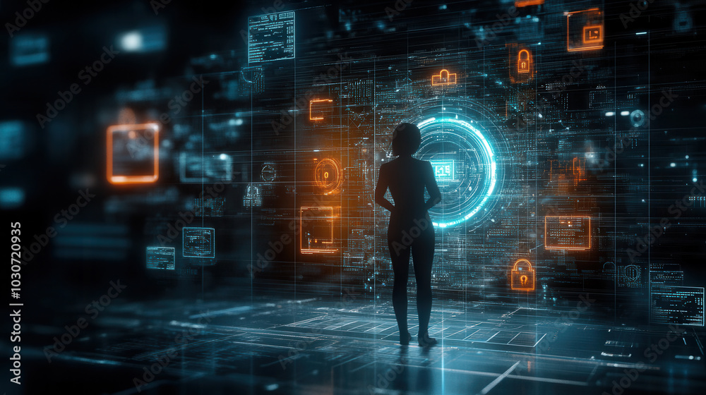 digital figure stands in front of glowing virtual interface, surrounded by data and security icons. scene conveys sense of technology and innovation digital figure stands in front of glowing virtual interface, surrounded by data and security icons. scene conveys sense of technology and innovation