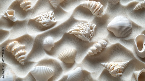 A collection of seashells arranged on white sand, creating a textured background.