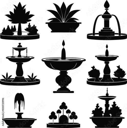  A Lot of Silhouette Tranquil stream fountain vector collection. 