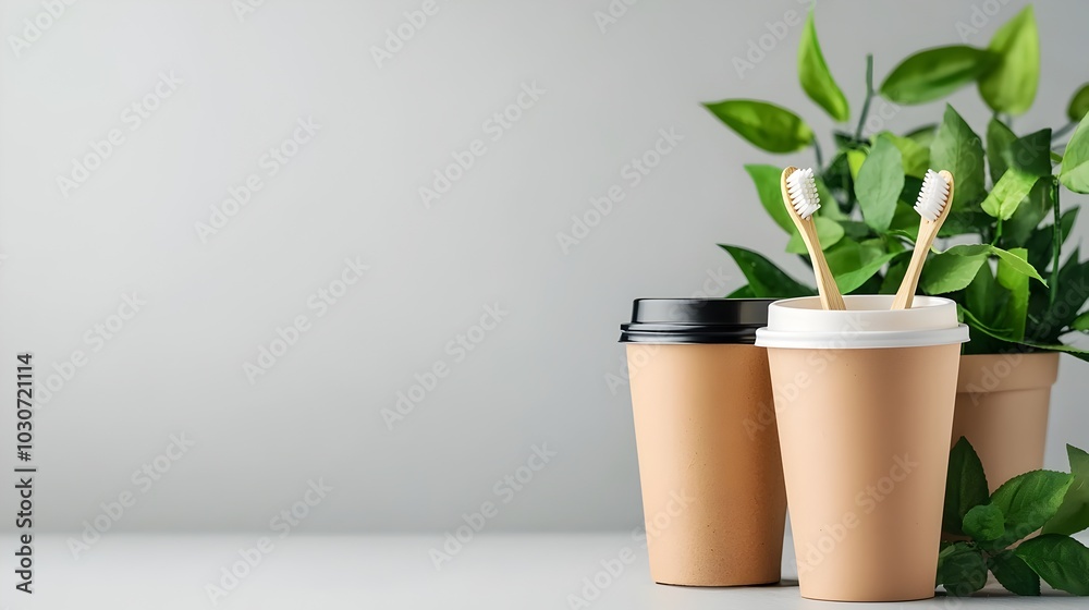 Flat lay composition of eco friendly and sustainable household products such as bamboo toothbrushes reusable straws Flat lay composition of eco friendly and sustainable household products such as bamboo toothbrushes reusable straws