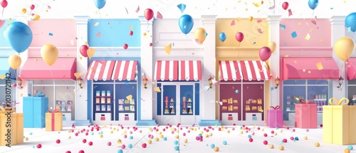 Colorful Festive Shopfronts with Balloons and Confetti
