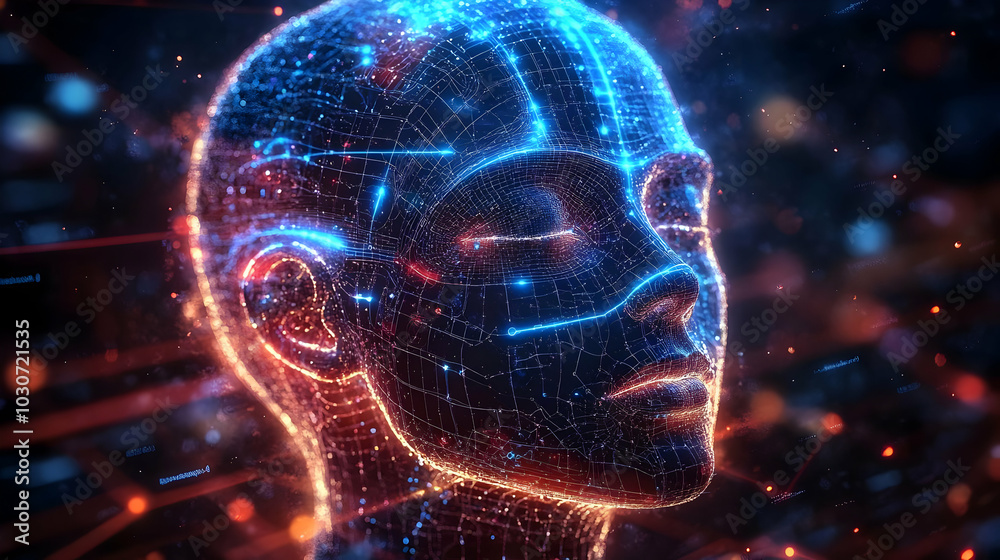 Abstract representation of a digital human head with glowing lines. Abstract representation of a digital human head with glowing lines.