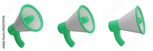 set of megaphone with transparent background, PNG, green megaphone, 3d loudspeaker
