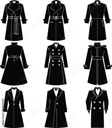 Set of  Silhouette  Trench coat vector bundle collection.