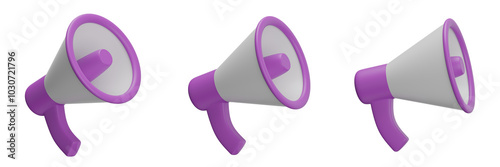 set of megaphone with transparent background, PNG, purple megaphone, 3d loudspeaker
