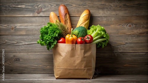 Fresh produce and bread in full paper bag with leading lines photo