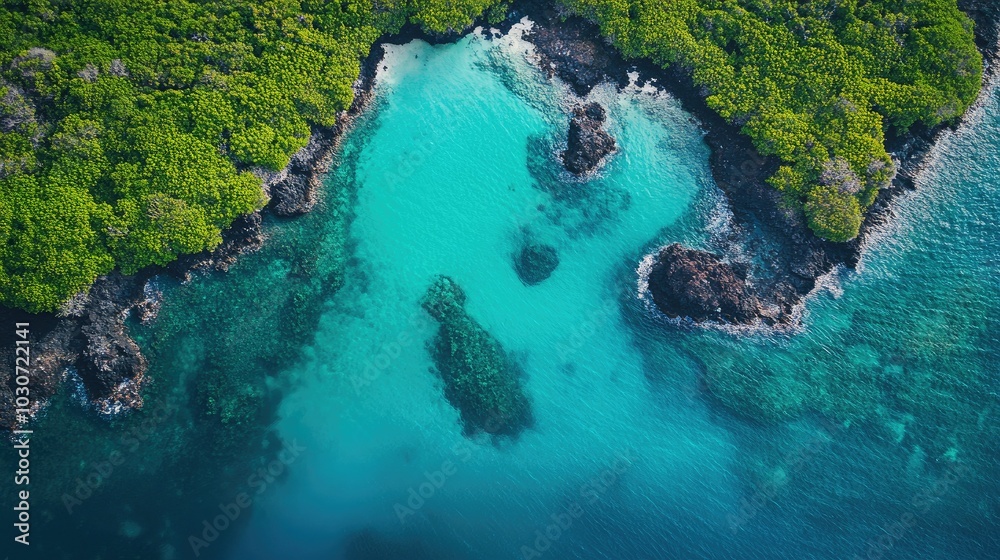 Aerial view of the tropical waters of the Gapagos Islands, space for text above