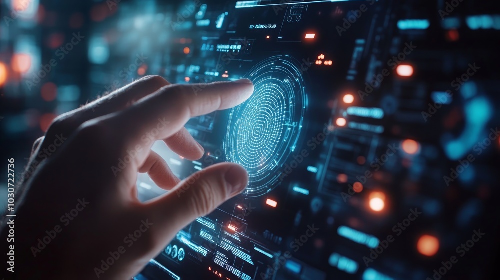 A hand scans a fingerprint on a futuristic touch screen interface. A hand scans a fingerprint on a futuristic touch screen interface.