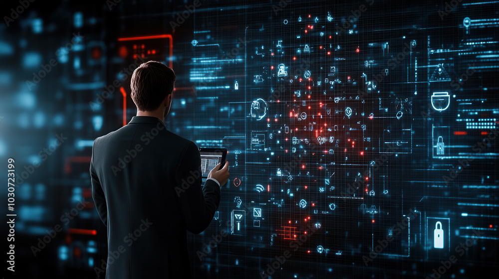 hacker facing digital wall of encrypted security data, analyzing information on tablet. scene conveys sense of urgency and technological sophistication hacker facing digital wall of encrypted security data, analyzing information on tablet. scene conveys sense of urgency and technological sophistication