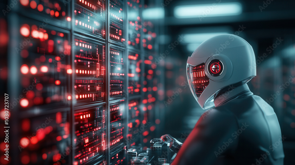 futuristic hacker accessing glowing digital vault in high tech environment, surrounded by illuminated data servers. scene conveys sense of urgency and advanced technology futuristic hacker accessing glowing digital vault in high tech environment, surrounded by illuminated data servers. scene conveys sense of urgency and advanced technology
