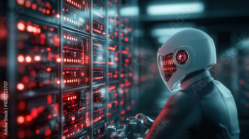 futuristic hacker accessing glowing digital vault in high tech environment, surrounded by illuminated data servers. scene conveys sense of urgency and advanced technology