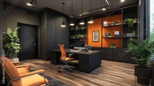 A modern office interior with a large desk, two chairs, a bookshelf, and plants.