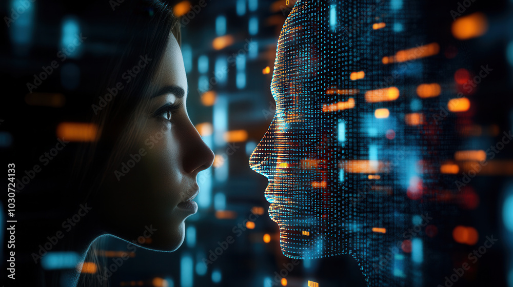 human silhouette interacts with digital representation, surrounded by glowing data streams. scene evokes sense of connection between humanity and technology human silhouette interacts with digital representation, surrounded by glowing data streams. scene evokes sense of connection between humanity and technology