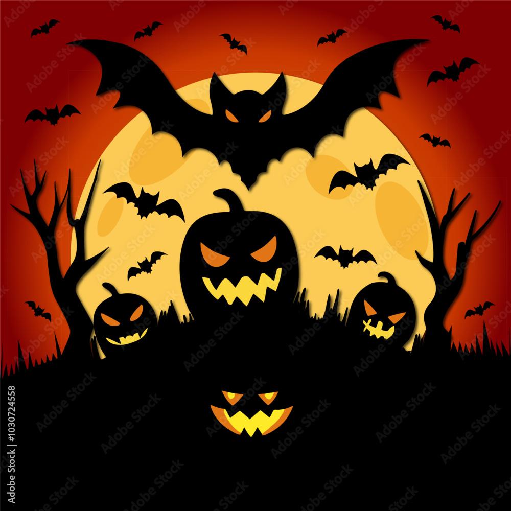 Naklejka premium Spooky Halloween Night with Pumpkins and Bats