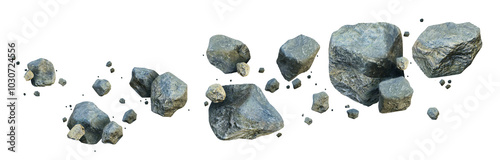 3D space stone, cosmic flying meteorite illustration, grey galaxy rocks mineral geology boulder. Big comet debris explosion nature texture solid shape, sci-fi asteroid concept. Falling 3D stone chunks