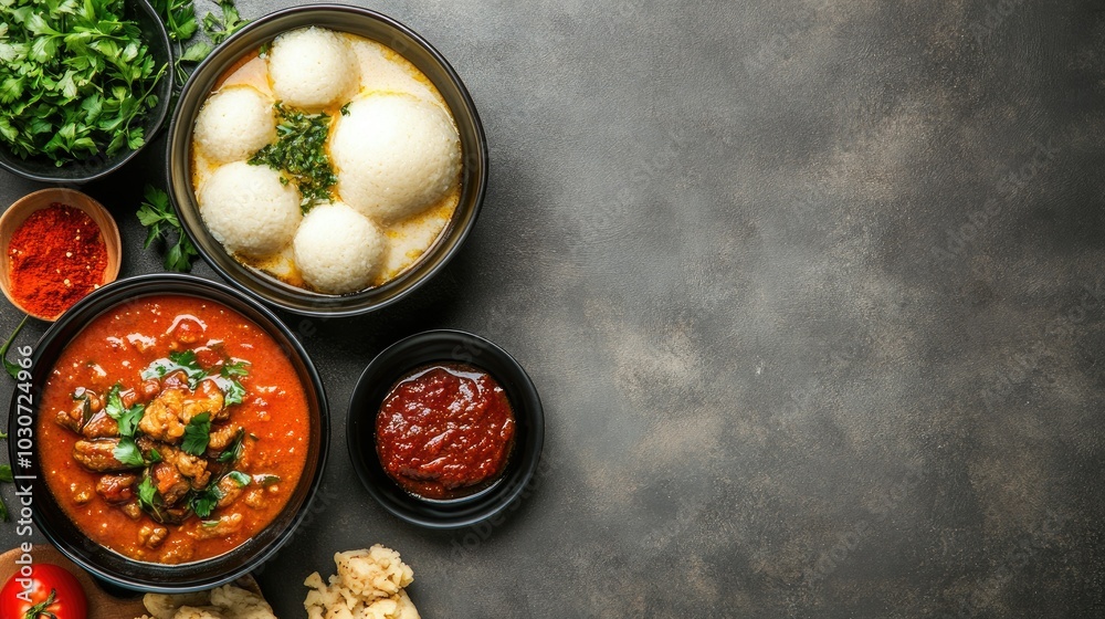 African traditional food like fufu and soup served in bowls with open copy space African traditional food like fufu and soup served in bowls with open copy space
