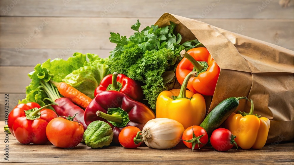 Fresh produce spilling out of a paper bag extreme close-up Fresh produce spilling out of a paper bag extreme close-up