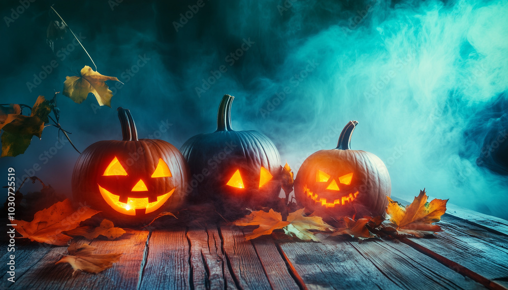 Naklejka premium Halloween pumpkin lantern lamp Jack-o'-lantern on a wooden table, dark background with mystic fog, steam, mist