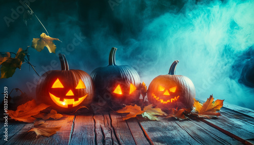 Halloween pumpkin lantern lamp Jack-o'-lantern on a wooden table, dark background with mystic fog, steam, mist