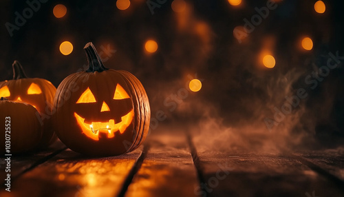 Halloween pumpkin lantern lamp Jack-o'-lantern on a wooden table, dark background with mystic fog, steam, mist