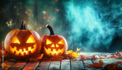 Halloween pumpkin lantern lamp Jack-o'-lantern on a wooden table, dark background with mystic fog, steam, mist